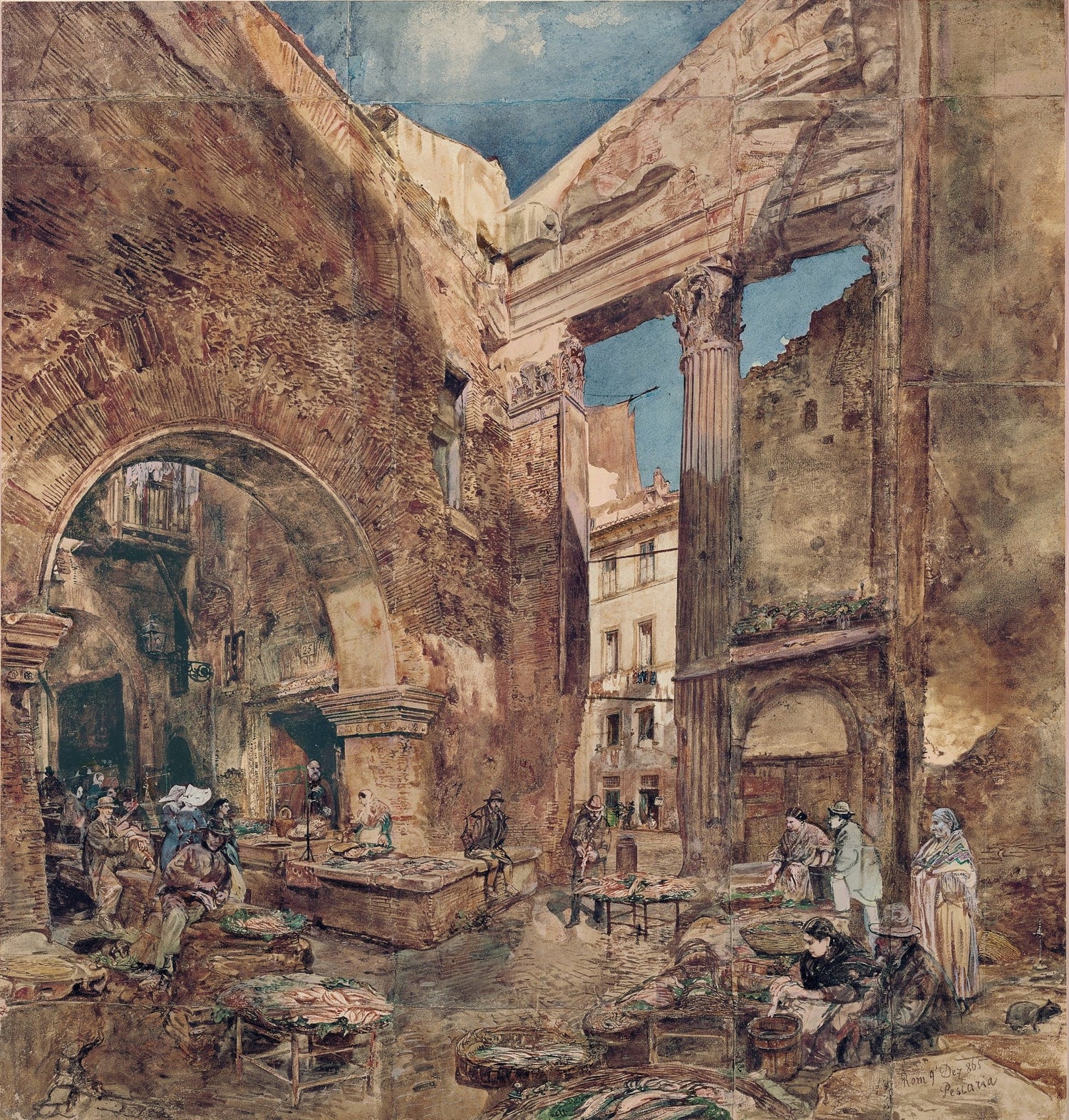 Hand painted oil on canvas landscape oil painting of historic Rome fish market with textured brushwork, ancient stone. - Add Frame, Canvas, Hand Painted, Landscape, Made To Order, Oil Painting