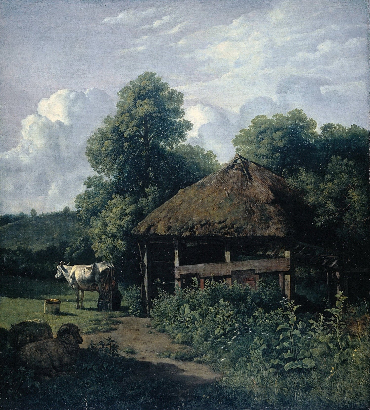 Hand-painted hand-painted rustic farm cottage scene landscape oil painting on canvas