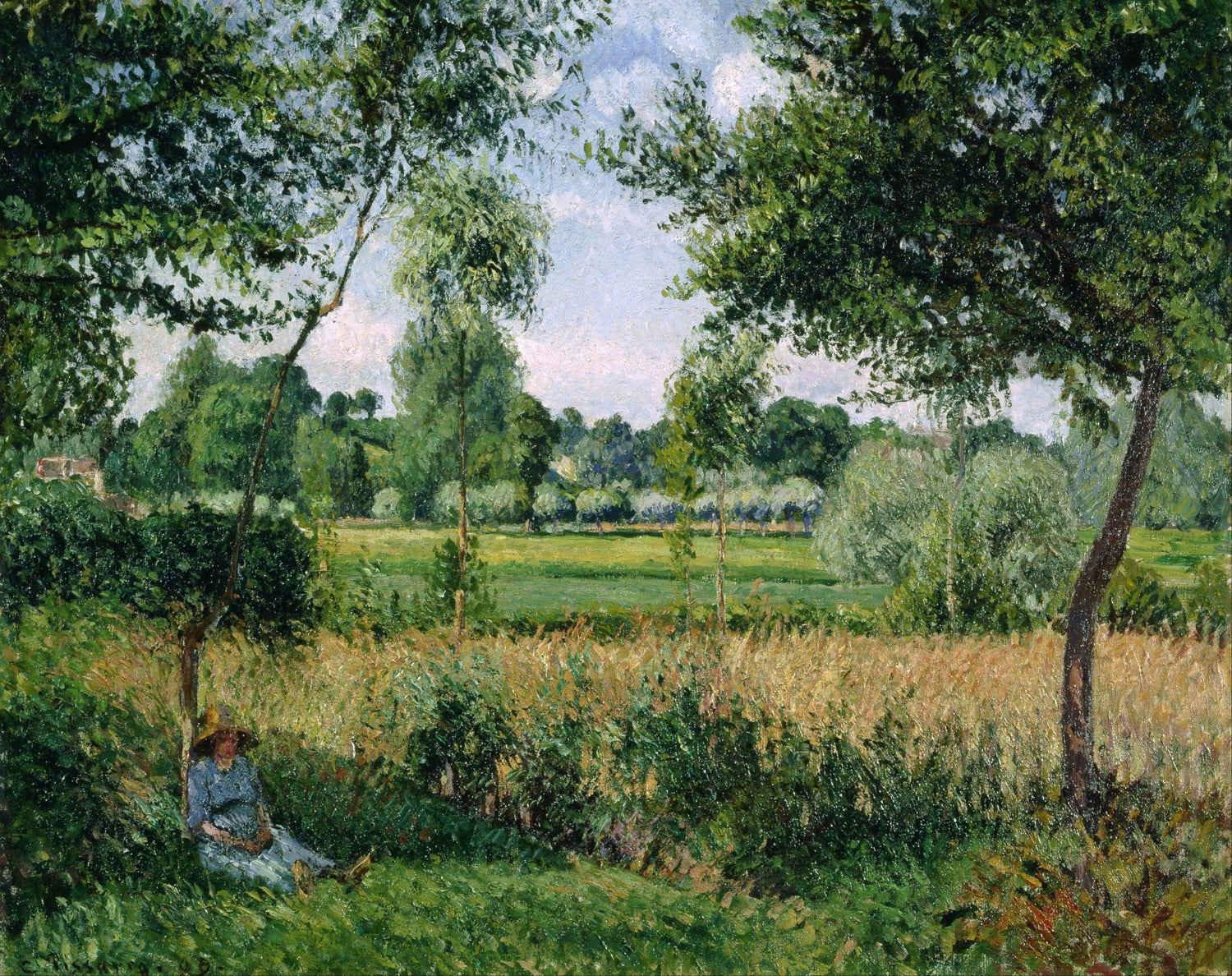 Hand-painted hand-painted summer meadow figure rest landscape oil painting on canvas