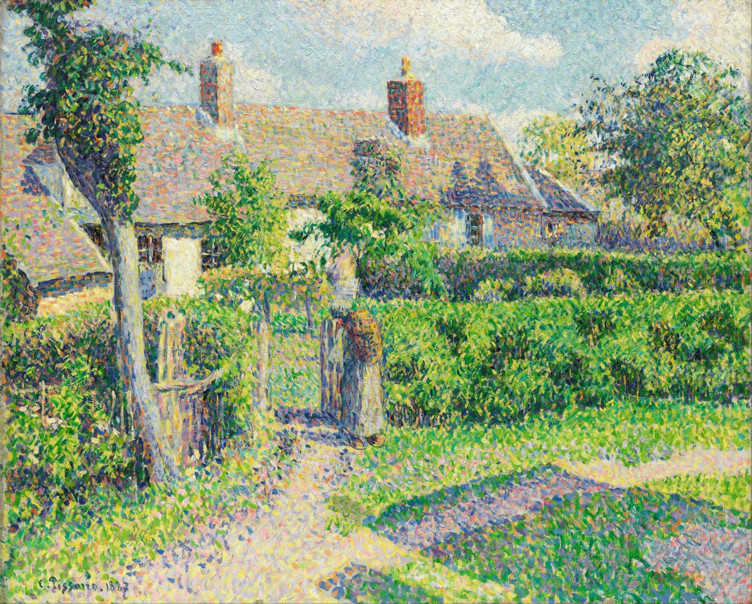 Hand-painted hand-painted sunlit cottage garden view landscape oil painting on canvas