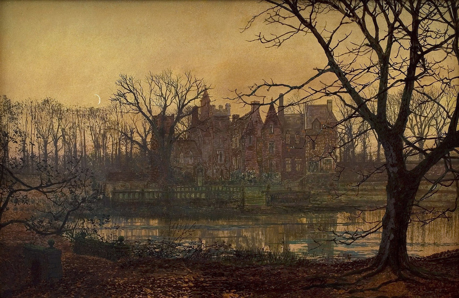 Hand-painted hand-painted twilight manor reflection landscape oil painting on canvas