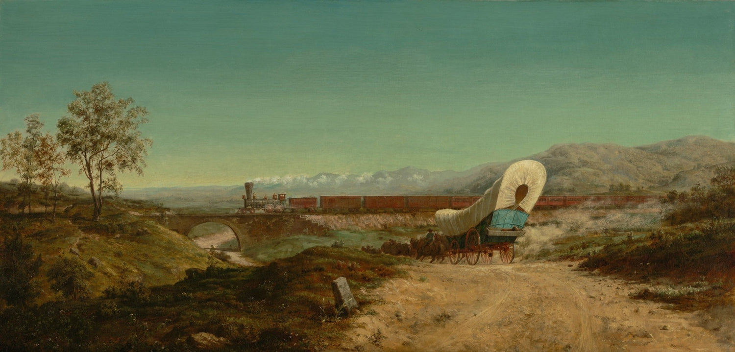 Hand-painted hand-painted western wagon and train landscape oil painting on canvas