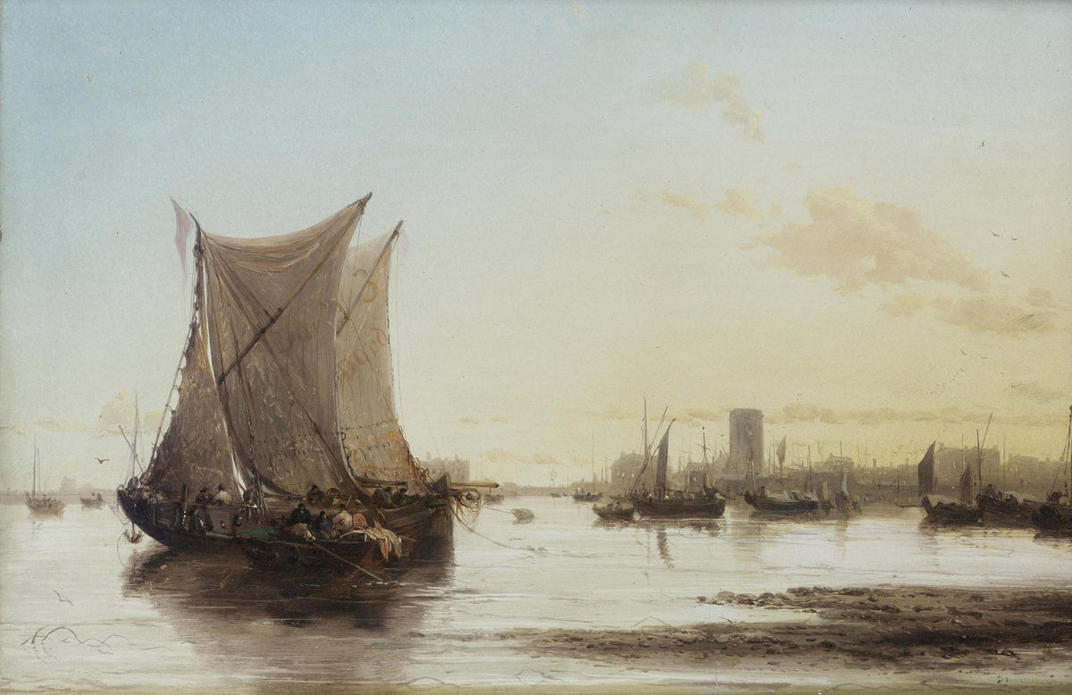 Hand-painted harbor at dusk with fishing boats nautical oil painting on canvas
