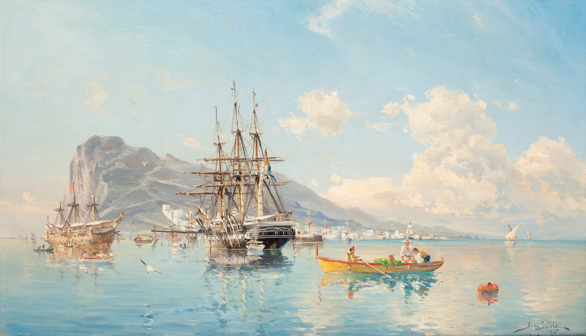 Hand-painted harbor fleet and mountain coast nautical oil painting on canvas