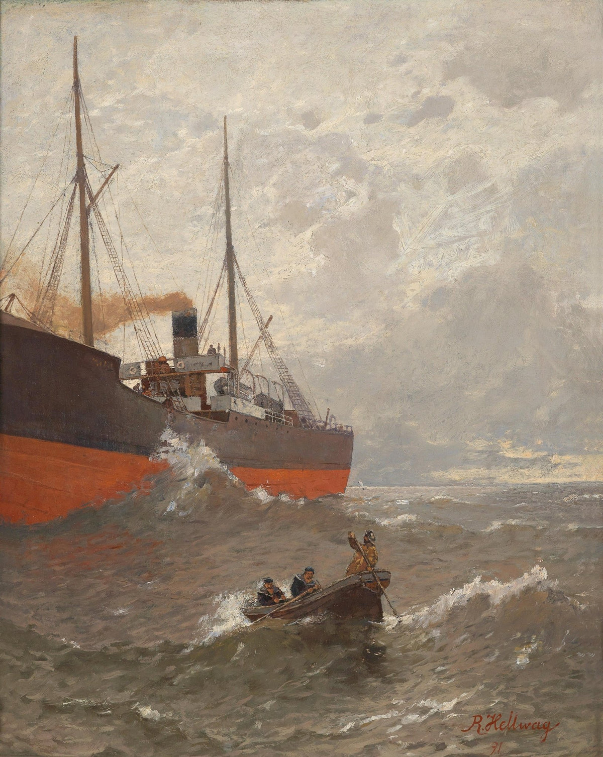 Hand-painted harbor rescue scene at sea nautical oil painting on canvas