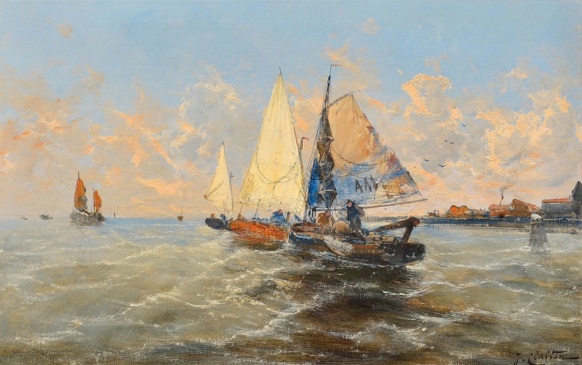 Hand-painted harbor sailboats returning at sunset nautical oil painting on canvas