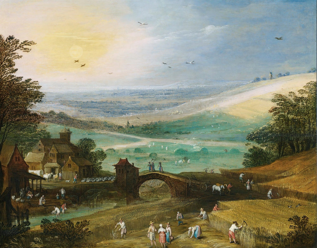 Hand painted landscape oil painting on canvas featuring a village bridge over a river, golden fields, and a soft blue sky. - Add Frame, Architecture, Canvas, Country, Field, Hand Painted, Landscape, Made To Order, Oil Painting, Village