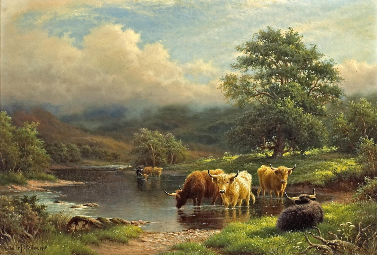 Highland Cattle by the River | Hand - Painted Landscape Oil Painting - Oil Painting Haven