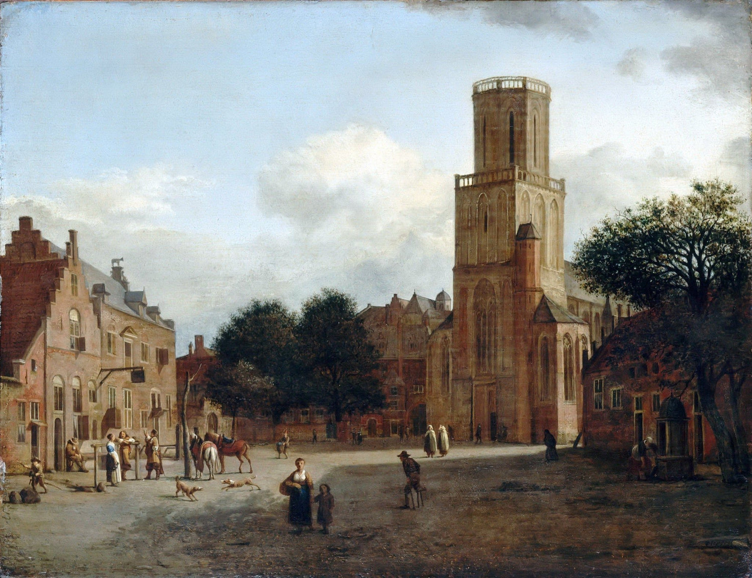 Historic church square landscape oil painting with villagers, detailed architecture, and textured brushwork on canvas. - Add Frame, Architecture, Canvas, Church, Hand Painted, Landscape, Made To Order, Oil Painting, Village