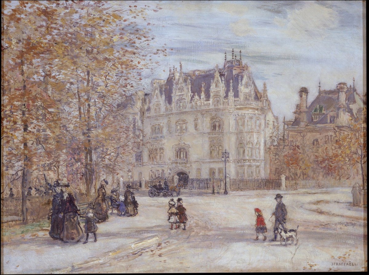 Landscape oil painting of a historic city mansion on an autumn street with figures, textured brushwork on oil on canvas. - Add Frame, Canvas, Figure, Hand Painted, Landscape, Made To Order, Oil Painting, Village