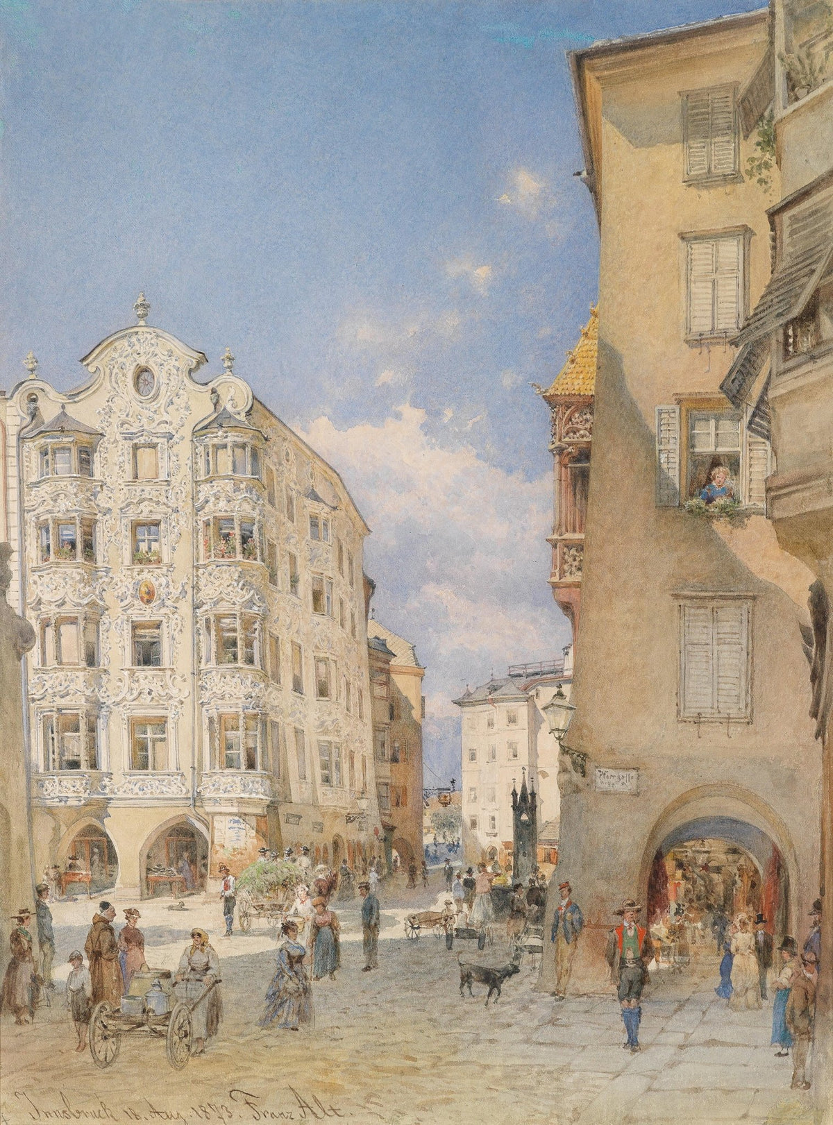 Historic European city street scene with figures under blue sky, hand painted oil on canvas, textured brushwork. - Add Frame, Architecture, Canvas, Figure, Hand Painted, Landscape, Made To Order, Oil Painting, Village