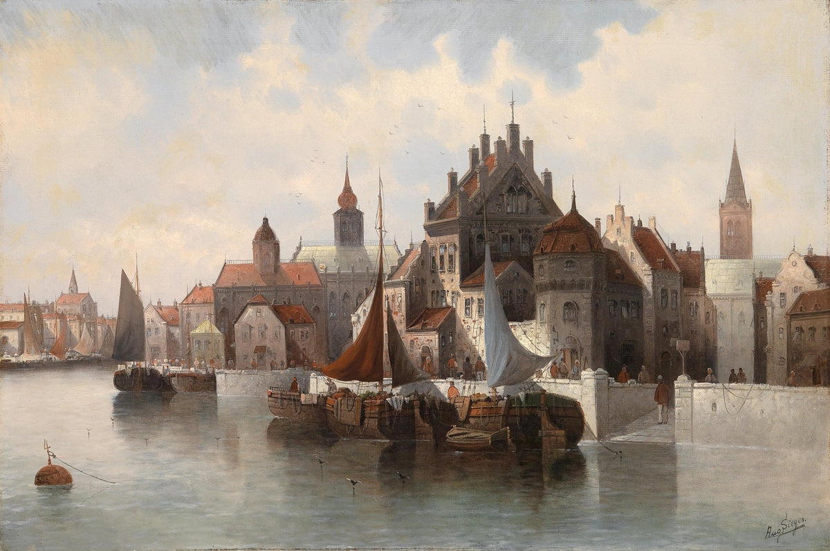 Hand-painted historic european harbor town nautical oil painting on canvas