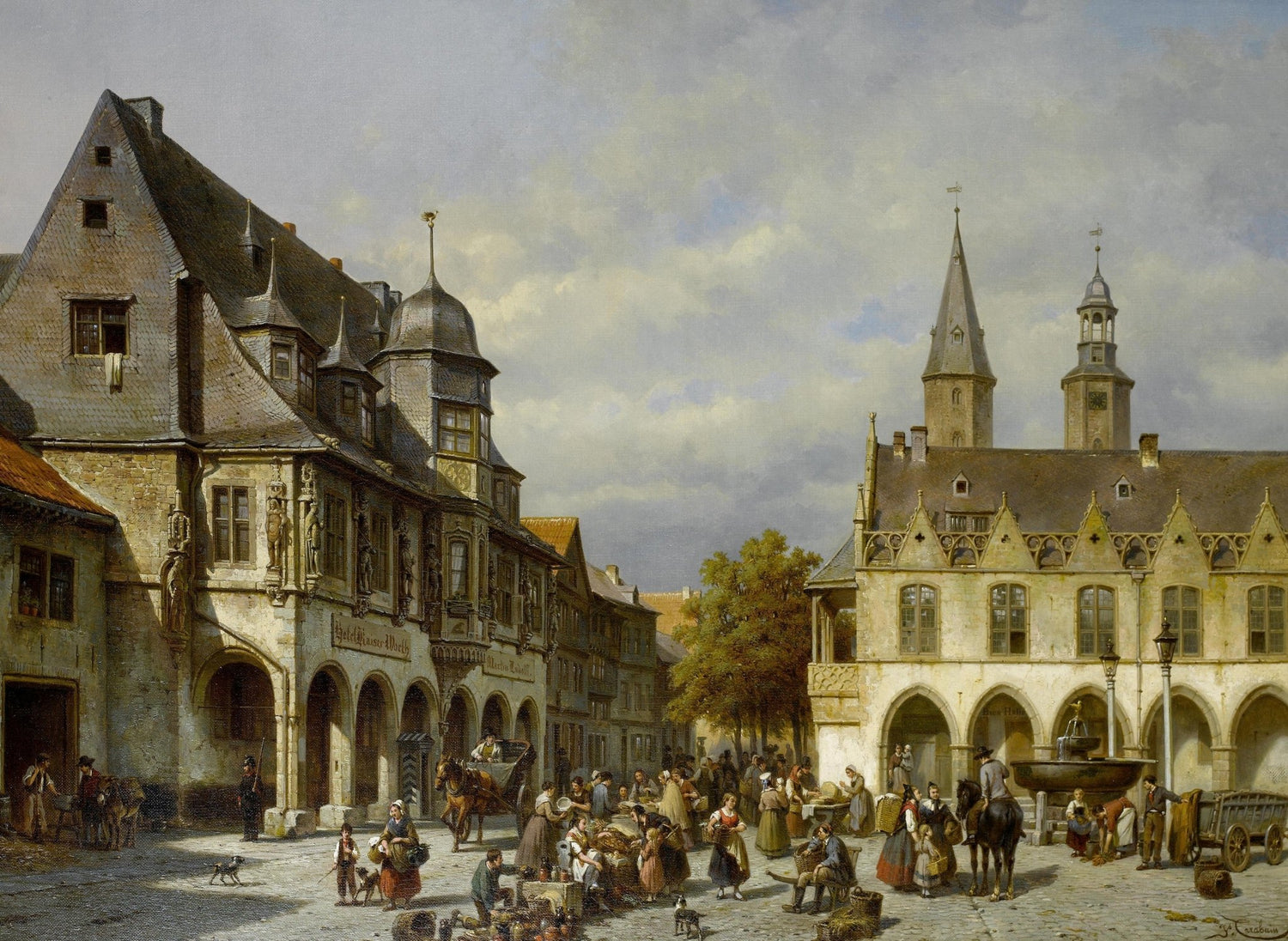 Historic European Market Square with Figures – Landscape Oil Painting - Oil Painting Haven