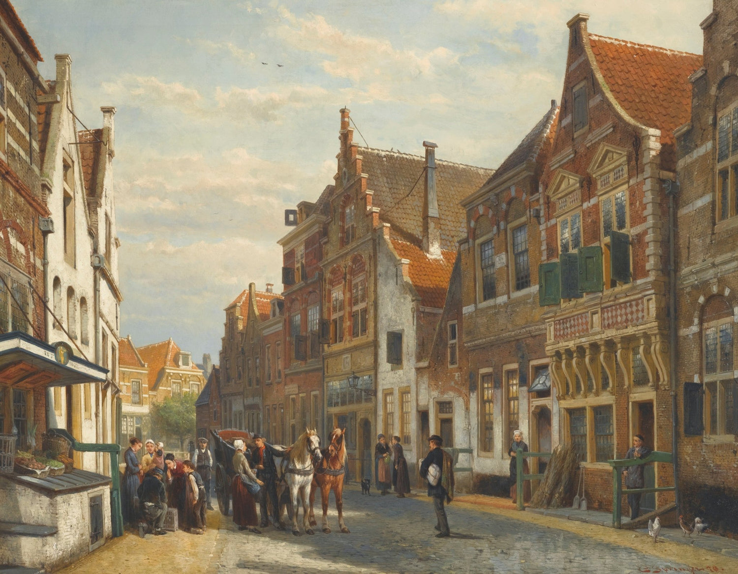 Historic European street scene with horse carriage, textured brushwork landscape oil painting on canvas, hand painted oil. - Add Frame, Animal, Canvas, Hand Painted, Landscape, Made To Order, Oil Painting