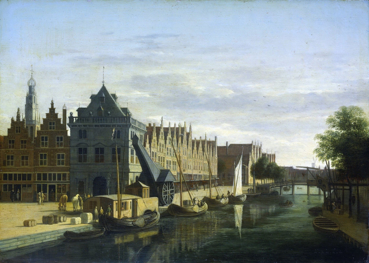 Historic Haarlem canal and harbor scene landscape oil painting with textured brushwork and hand painted oil on canvas. - Add Frame, Architecture, Boat, Canal, Canvas, Hand Painted, Harbor, Landscape, Made To Order, Oil Painting, Seascape, Venice