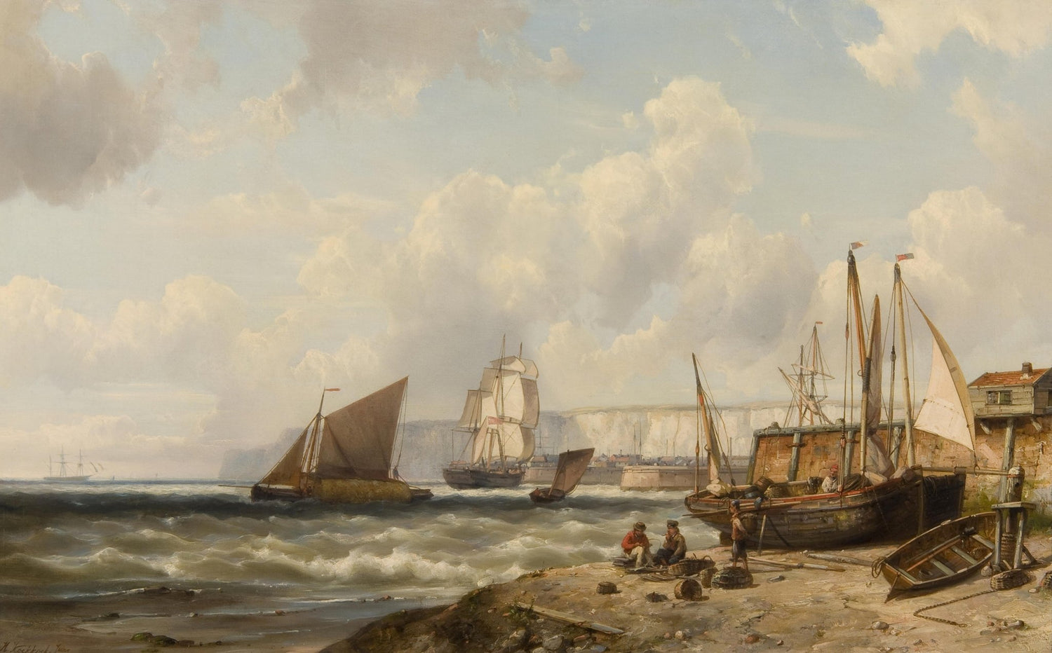 Historic Harbor with Fishing Boats and Cliffs – Landscape Oil Painting - Oil Painting Haven