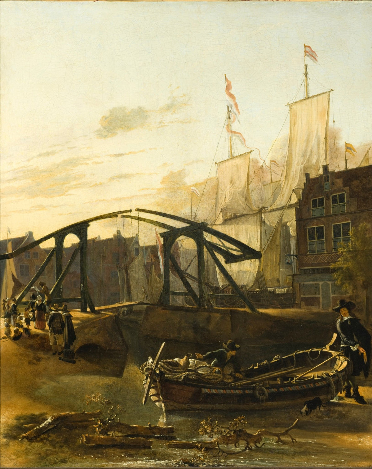 Historic harbor landscape oil painting with sailboats, bridge, and textured brushwork on canvas. - Add Frame, Architecture, Boat, Canvas, Hand Painted, Harbor, Landscape, Made To Order, Oil Painting, Seascape