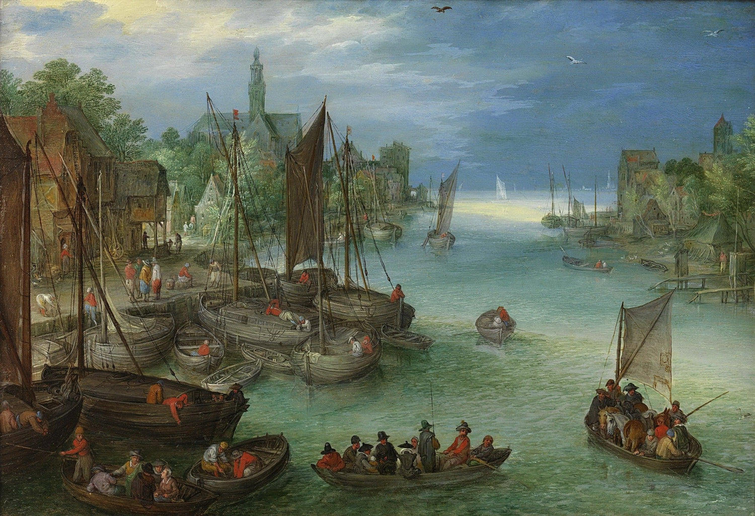 Landscape oil painting of historic river harbor with boats and village, hand painted oil on canvas with textured brushwork. - Add Frame, Architecture, Boat, Canvas, Hand Painted, Harbor, Landscape, Made To Order, Oil Painting, River, Seascape, Village