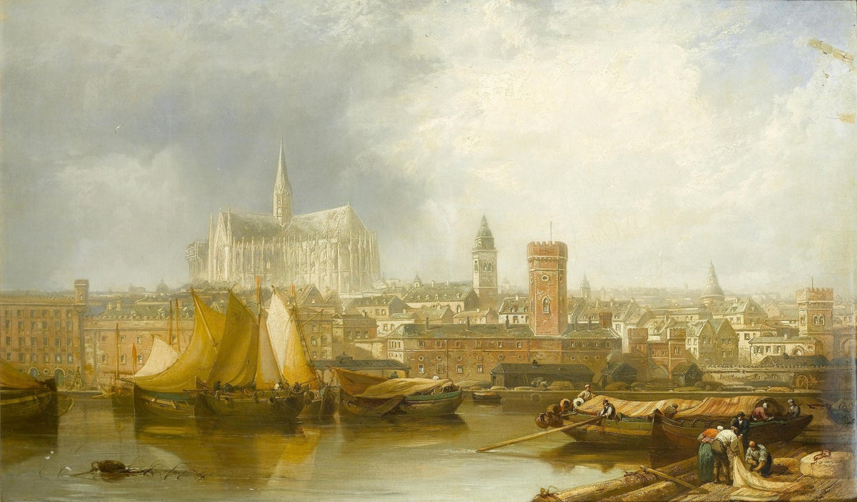 Hand-painted historic river port with cathedral nautical oil painting on canvas
