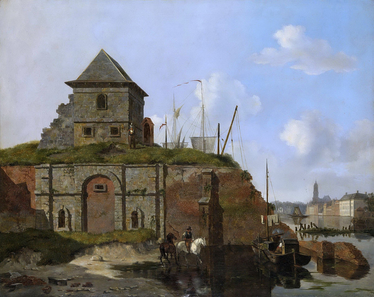 Hand painted landscape oil painting of historic riverside fort and harbor scene with textured brushwork on canvas. - Add Frame, Boat, Canvas, Hand Painted, Harbor, Landscape, Made To Order, Oil Painting, River, Seascape