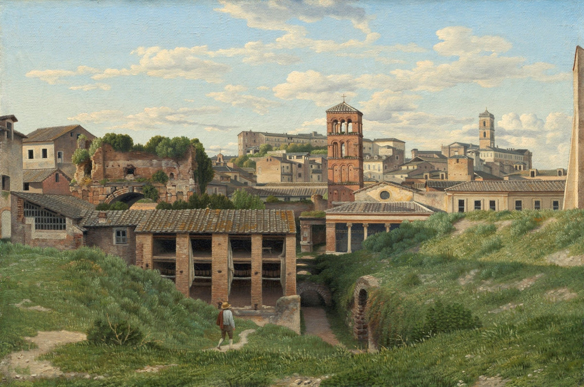Historic Roman city ruins set against a hillside with green grass under a blue sky, landscape oil painting with textured. - Add Frame, Architecture, Canvas, Hand Painted, Landscape, Made To Order, Mountain, Oil Painting