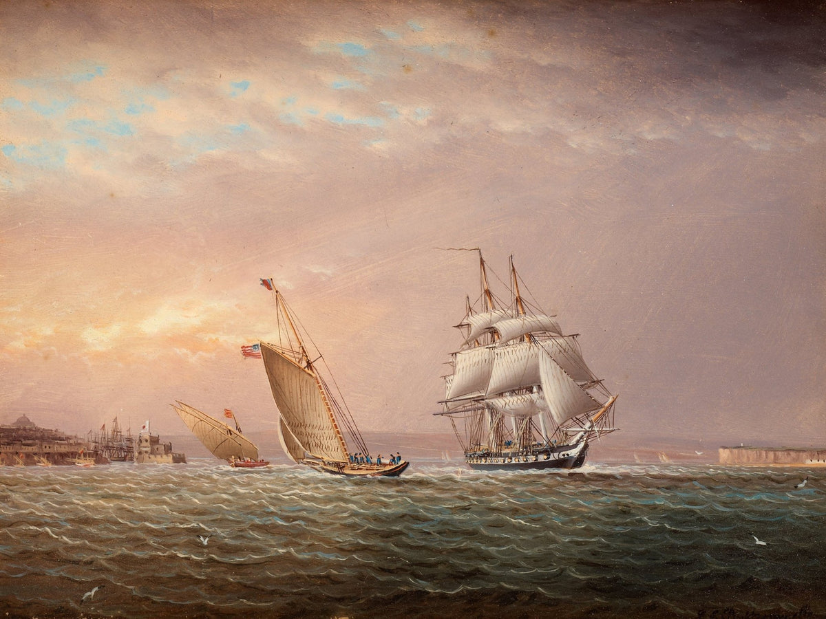 Hand-painted historic sailing ships at dusk nautical oil painting on canvas