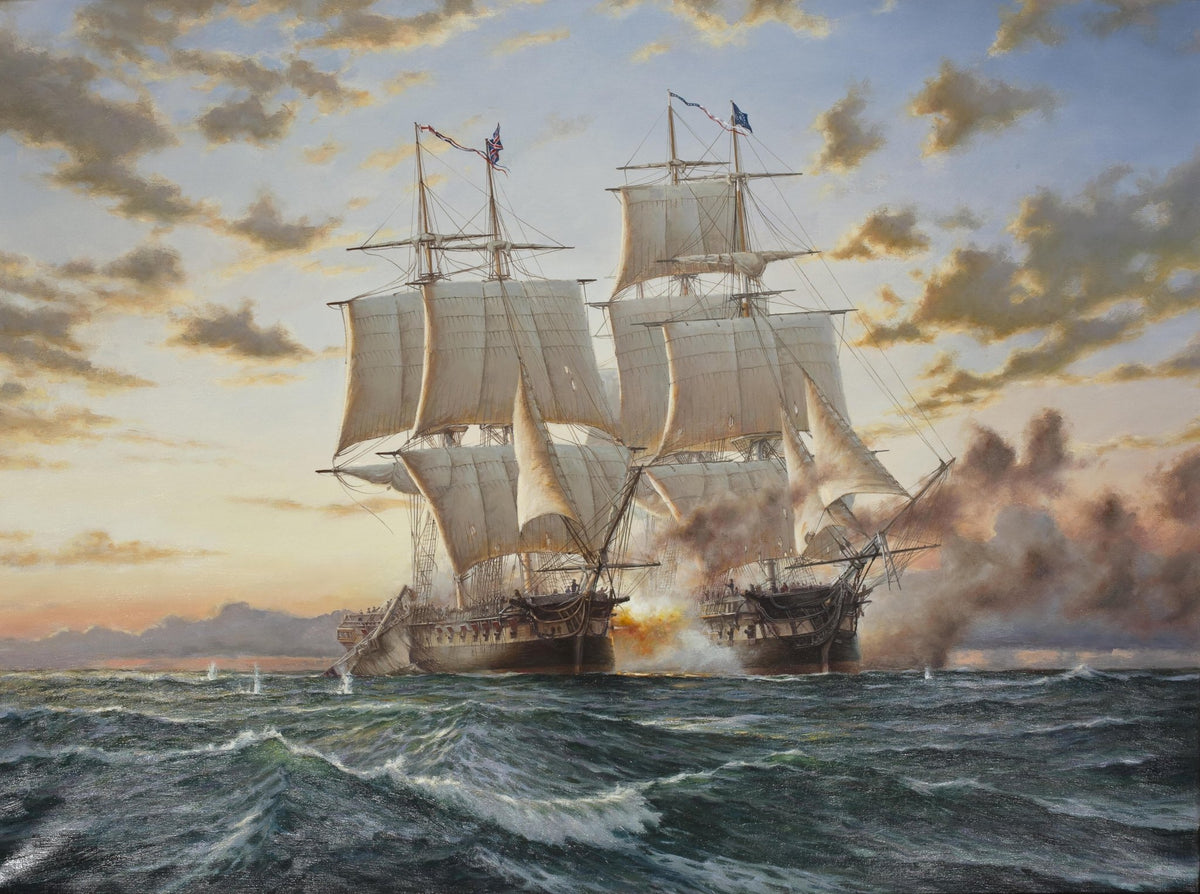 Hand-painted historic sea battle with tall ships nautical oil painting on canvas