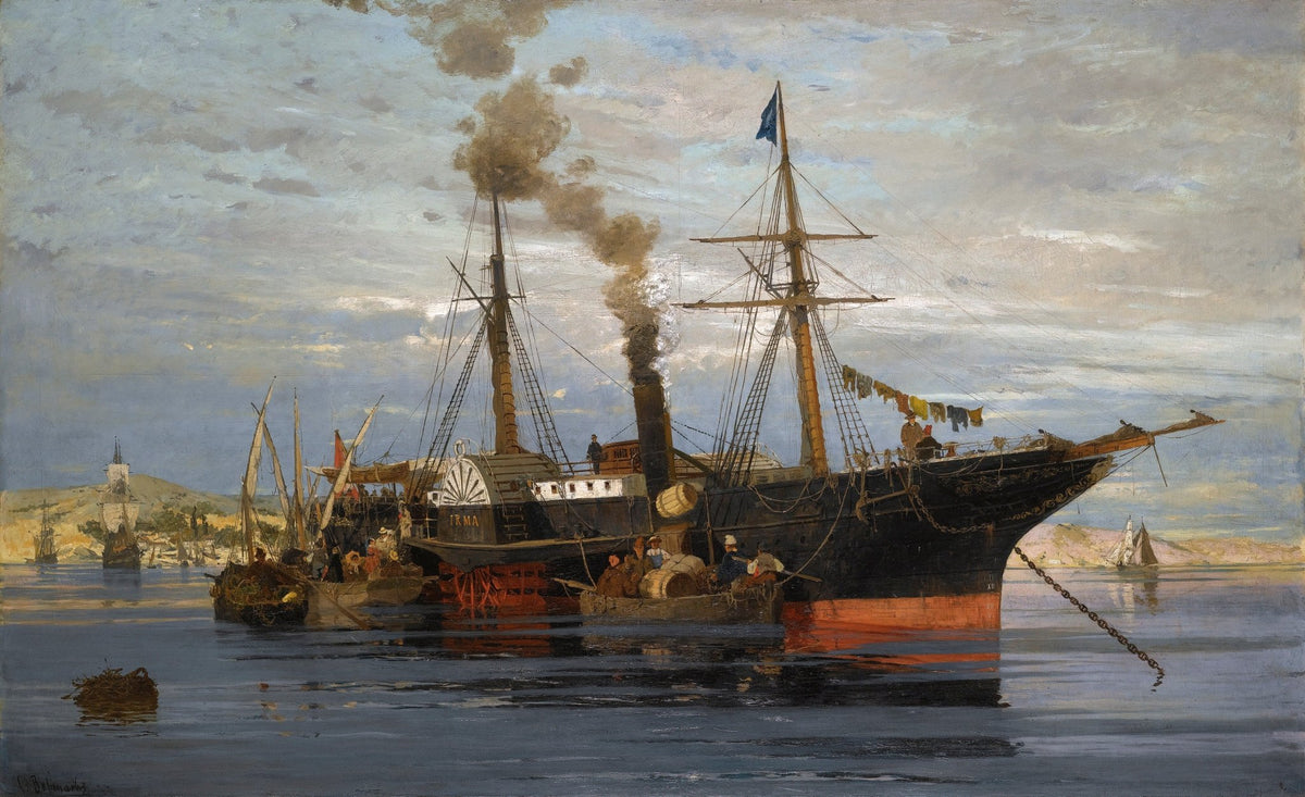 Hand-painted historic steamship in quiet harbor nautical oil painting on canvas