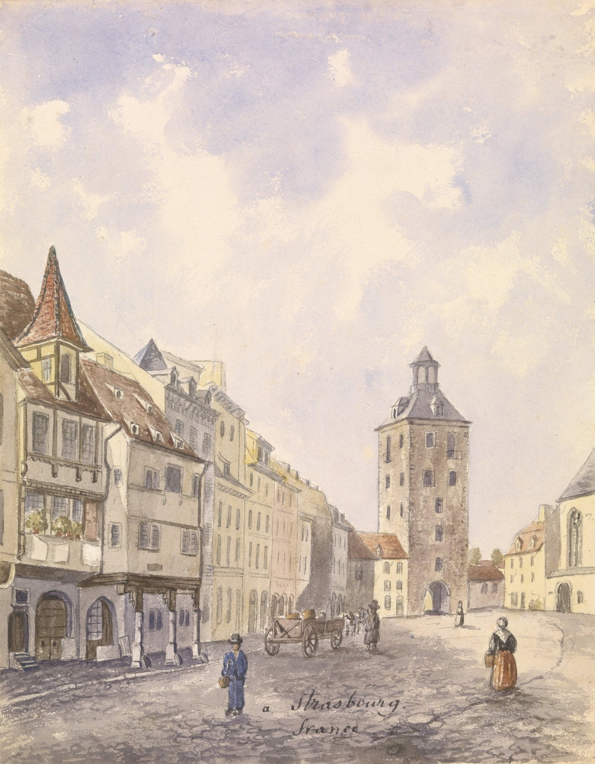 Historic Strasbourg old street scene with medieval buildings and tower, hand painted oil on canvas with textured brushwork. - Add Frame, Architecture, Canvas, Hand Painted, Landscape, Made To Order, Oil Painting, Village