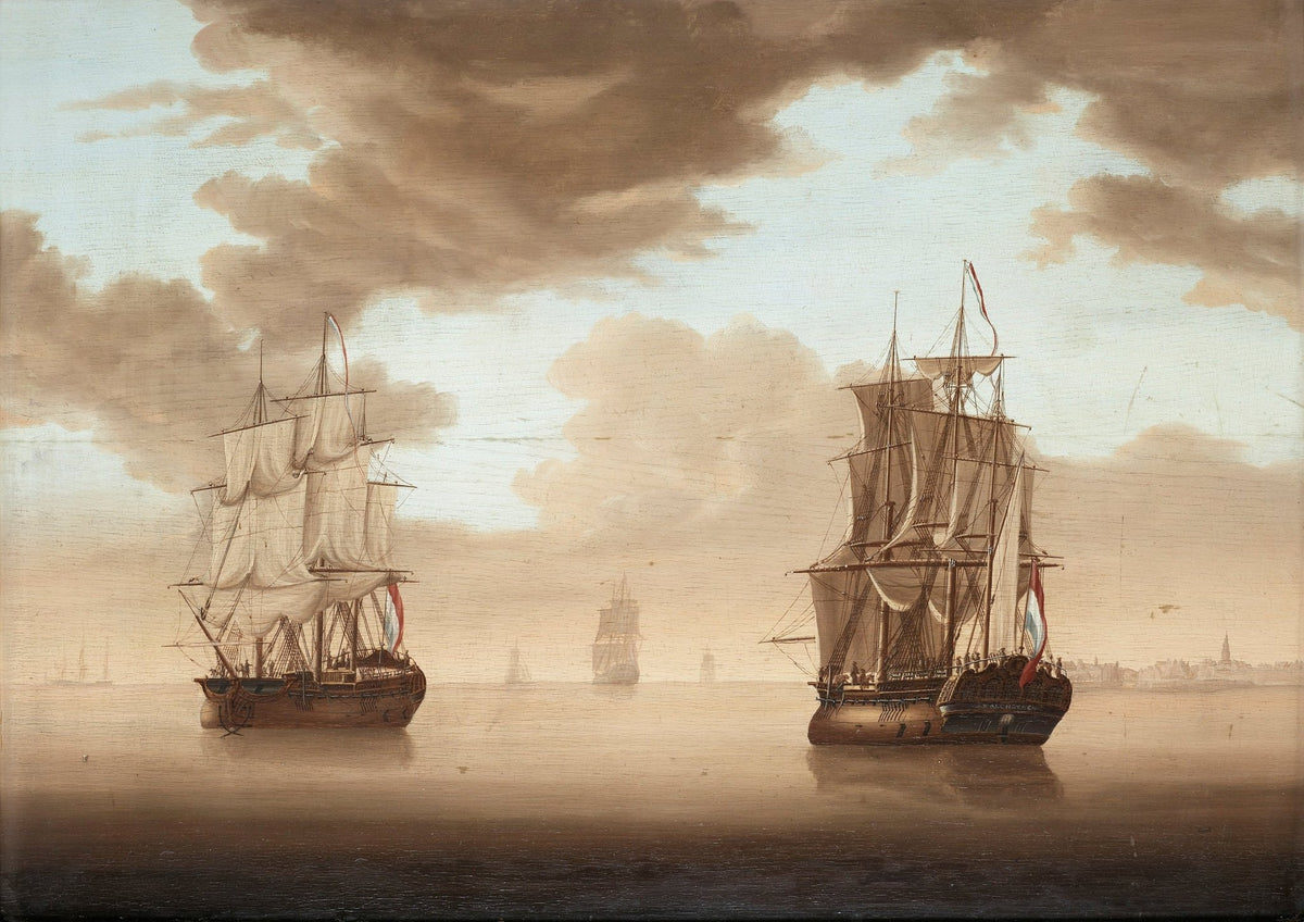 Hand-painted historic tall ships in calm harbor nautical oil painting on canvas