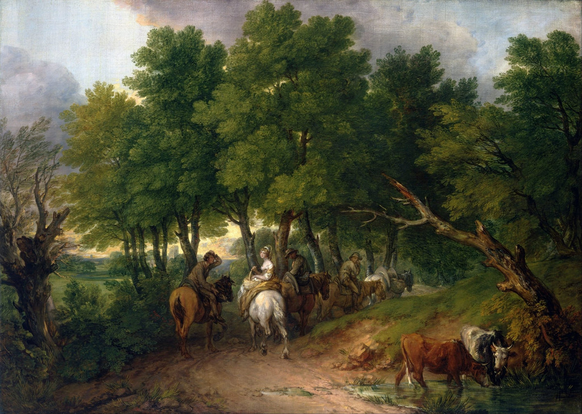 Landscape oil painting with horse riders on a woodland path, cattle grazing nearby, rich textured brushwork on oil on canvas. - Add Frame, Animal, Canvas, Farm, Forest, Hand Painted, Landscape, Made To Order, Oil Painting, Road