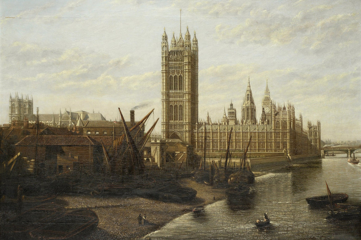 Landscape oil painting of Houses of Parliament and Thames River with textured brushwork on oil canvas, hand painted details. - Add Frame, Canvas, Hand Painted, Landscape, Made To Order, Oil Painting, River