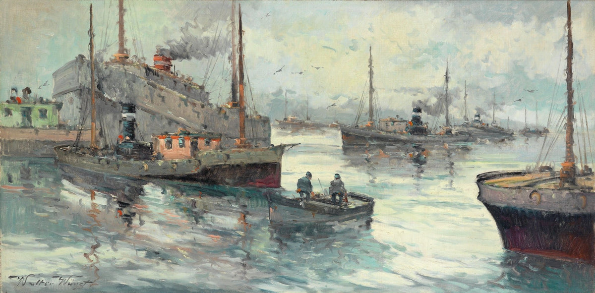 Hand-painted industrial harbor scene with steamships nautical oil painting on canvas