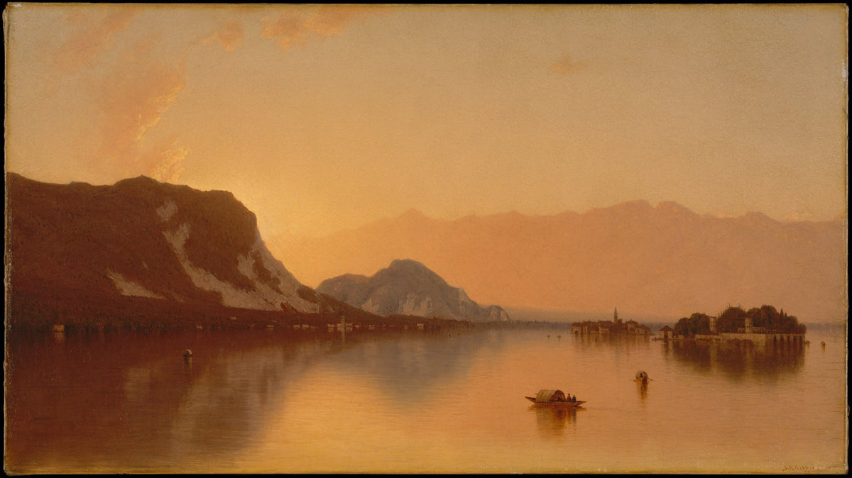 Hand painted landscape oil painting of Isola Bella on Lago Maggiore at sunset with textured brushwork and warm orange sky. - Add Frame, Canvas, Hand Painted, Lake, Landscape, Made To Order, Mountain, Oil Painting, Sunset