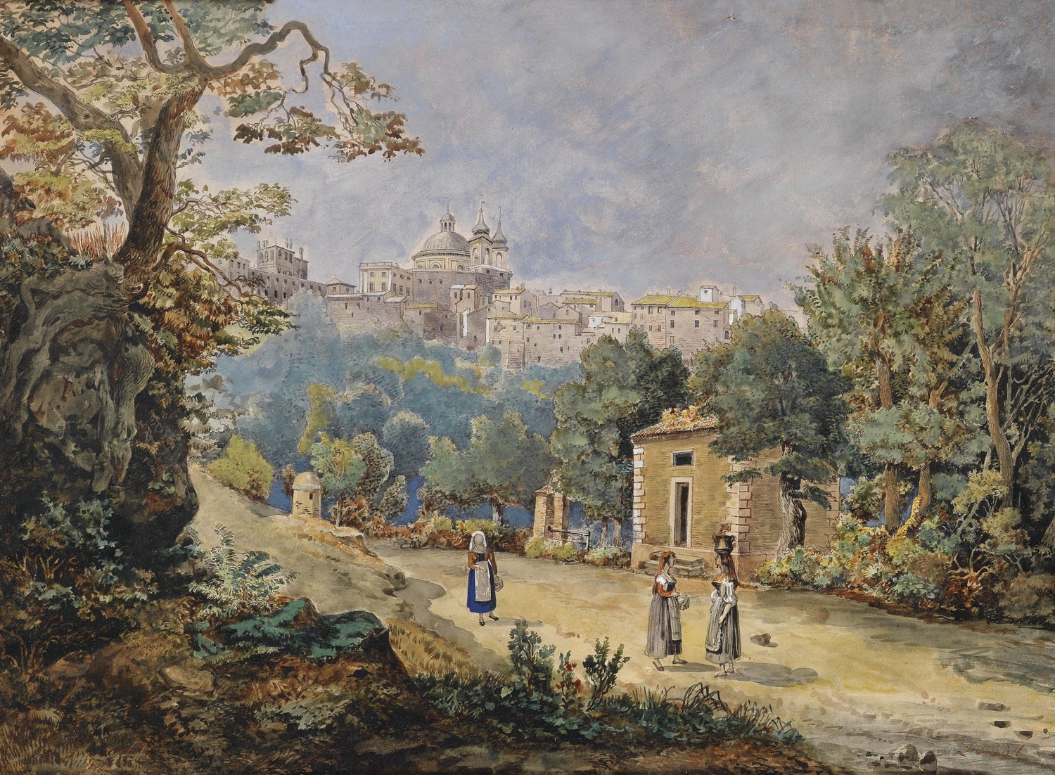 Italian Hillside Town with Figures and Trees – Landscape Oil Painting - Oil Painting Haven