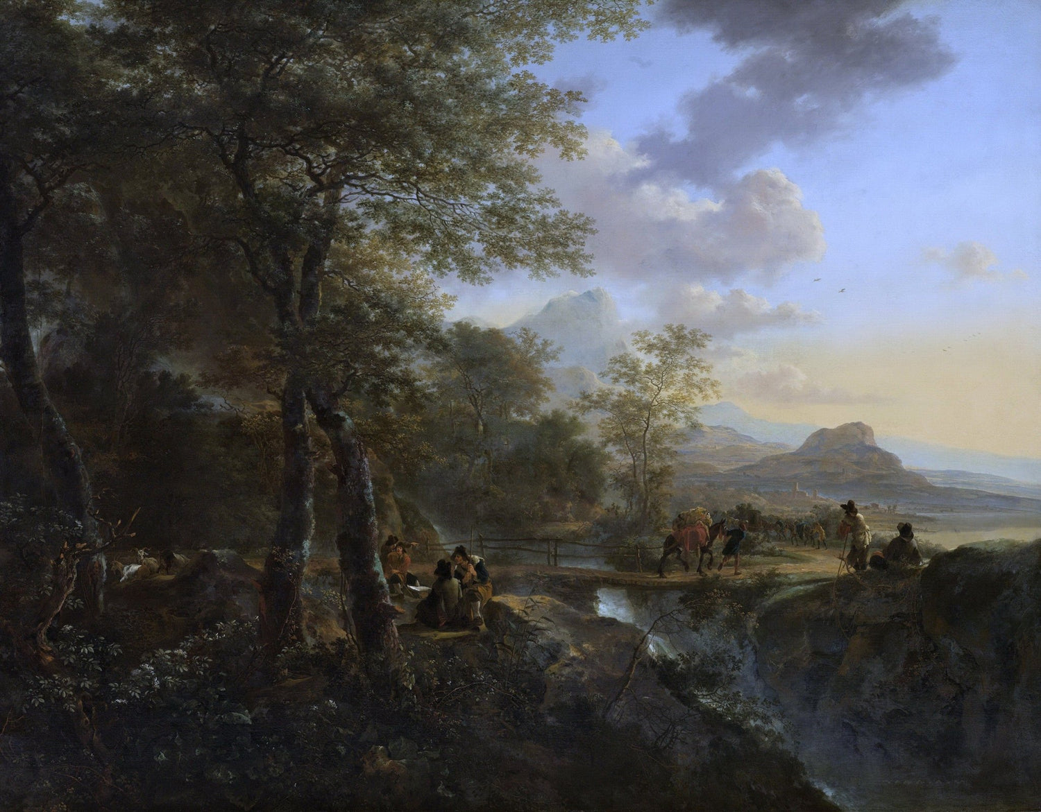 Landscape oil painting of Italian mountain landscape with travelers near river, textured brushwork on canvas. - Add Frame, Canvas, Country, Forest, Hand Painted, Landscape, Made To Order, Mountain, Oil Painting, River