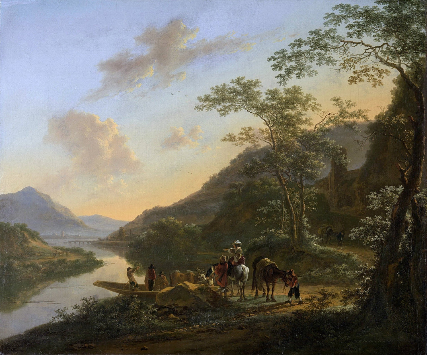 Hand painted landscape oil painting on canvas depicting Italian river crossing at sunset with travelers, textured brushwork. - Add Frame, Canvas, Country, Forest, Hand Painted, Landscape, Made To Order, Mountain, Oil Painting, River, Sunset