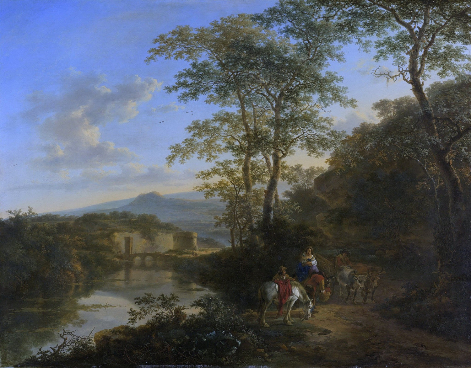 Hand painted oil on canvas landscape oil painting of Italian river with travelers, textured brushwork, lush trees, and. - Add Frame, Architecture, Canvas, Country, Forest, Hand Painted, Landscape, Made To Order, Mountain, Oil Painting, River