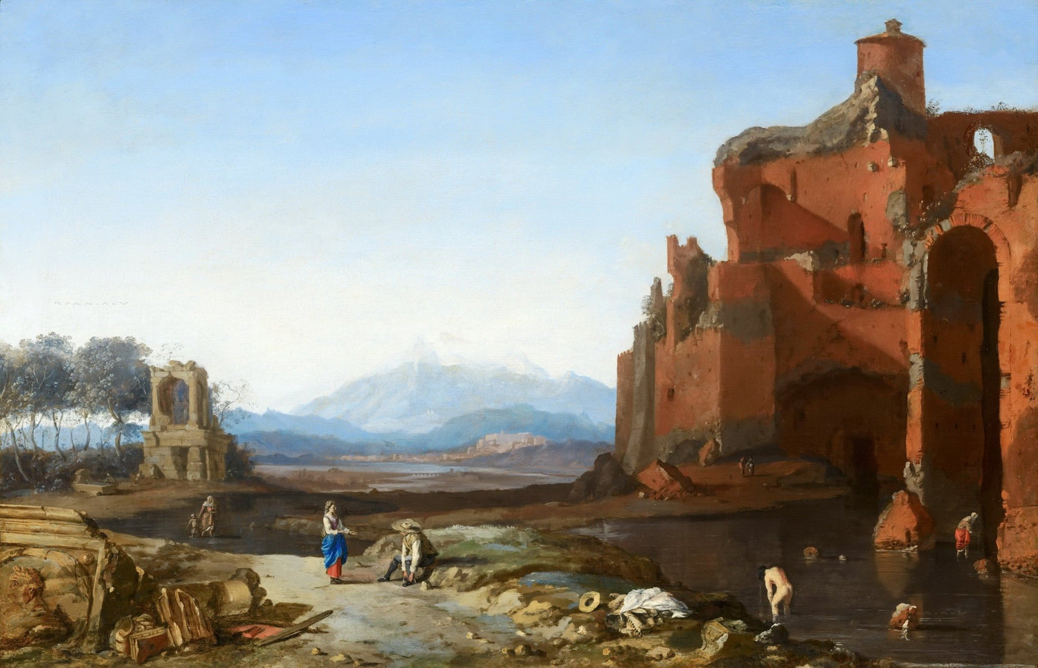 Landscape oil painting of Italian ruins by a river with textured brushwork on oil on canvas, featuring warm red stone. - Add Frame, Architecture, Canvas, Hand Painted, Landscape, Made To Order, Mountain, Oil Painting, River