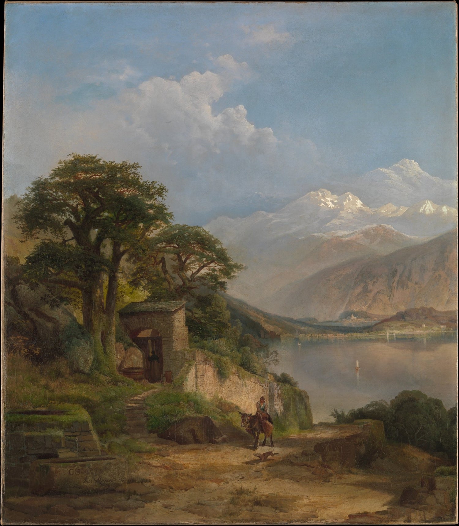 Landscape oil painting with textured brushwork depicting Lake Como, a lakeside path, large trees, and distant mountains. - Add Frame, Canvas, Hand Painted, Lake, Landscape, Made To Order, Mountain, Oil Painting, Road