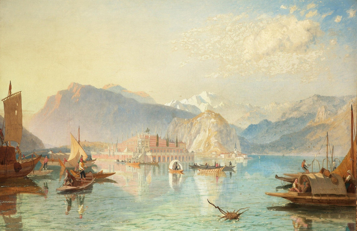 Hand-painted lake harbor with alpine palace nautical oil painting on canvas