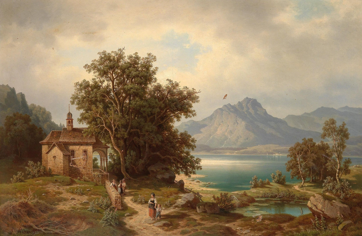 Lakeside Chapel, Figures, Mountain View – Landscape Oil Painting - Oil Painting Haven
