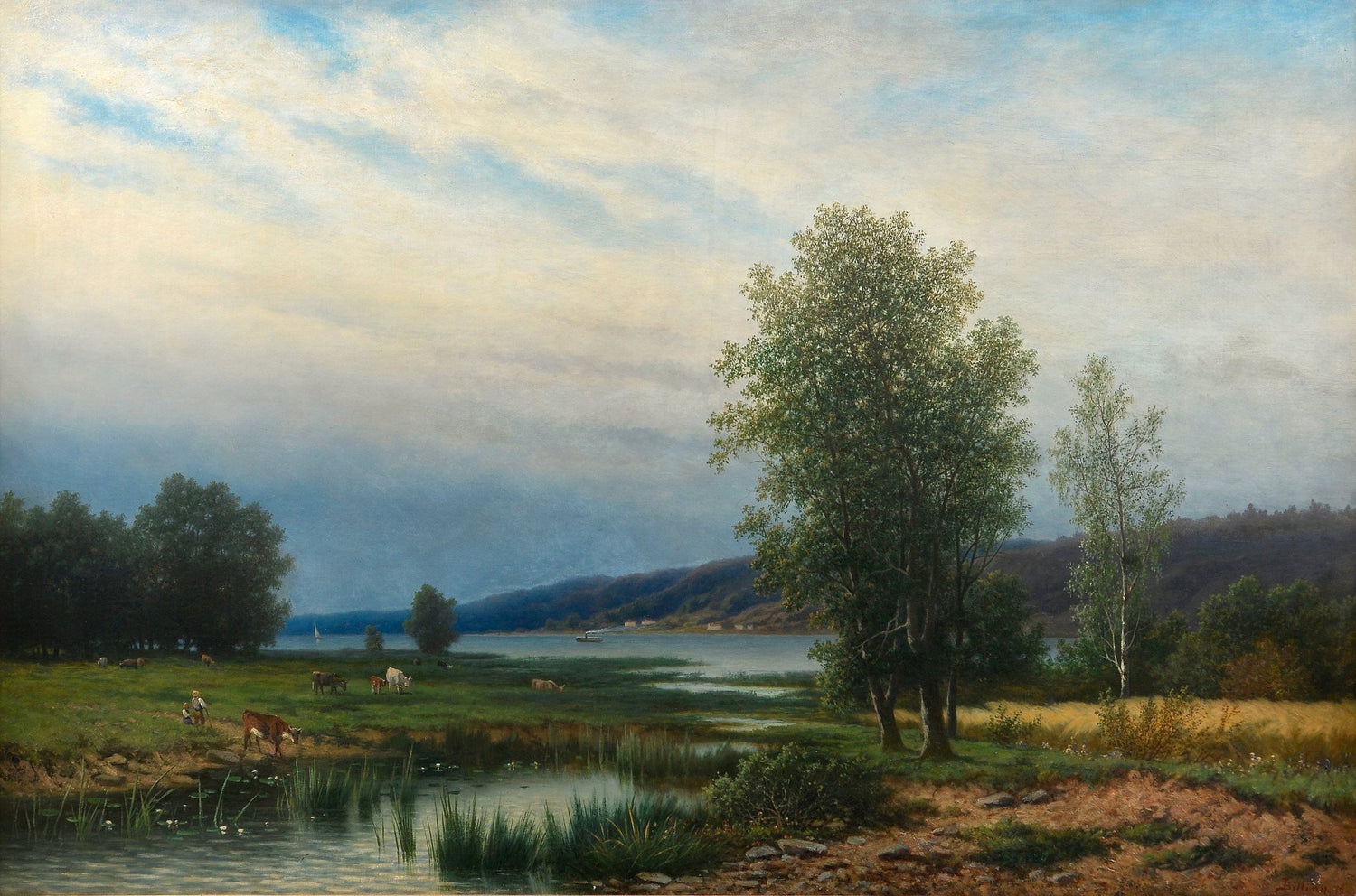 Lakeside Meadow with Grazing Cattle – Landscape Oil Painting - Oil Painting Haven