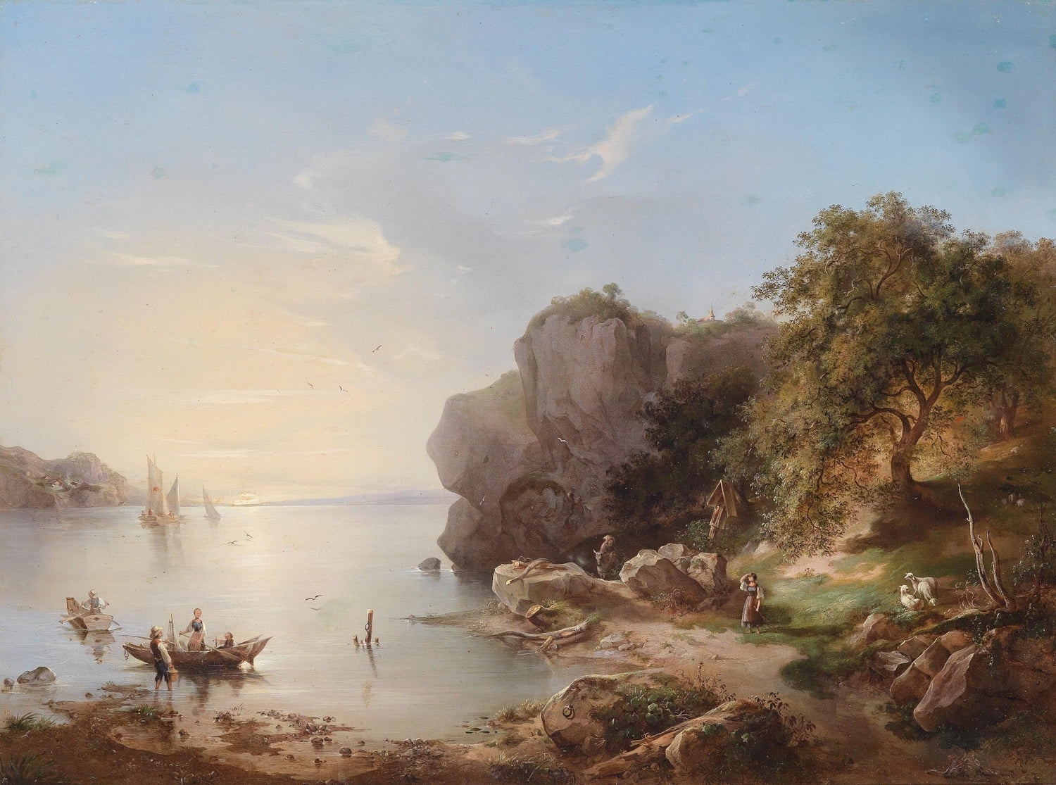 Lakeside Scene with Boats, Figures, and Cliffs – Landscape Oil Painting - Oil Painting Haven