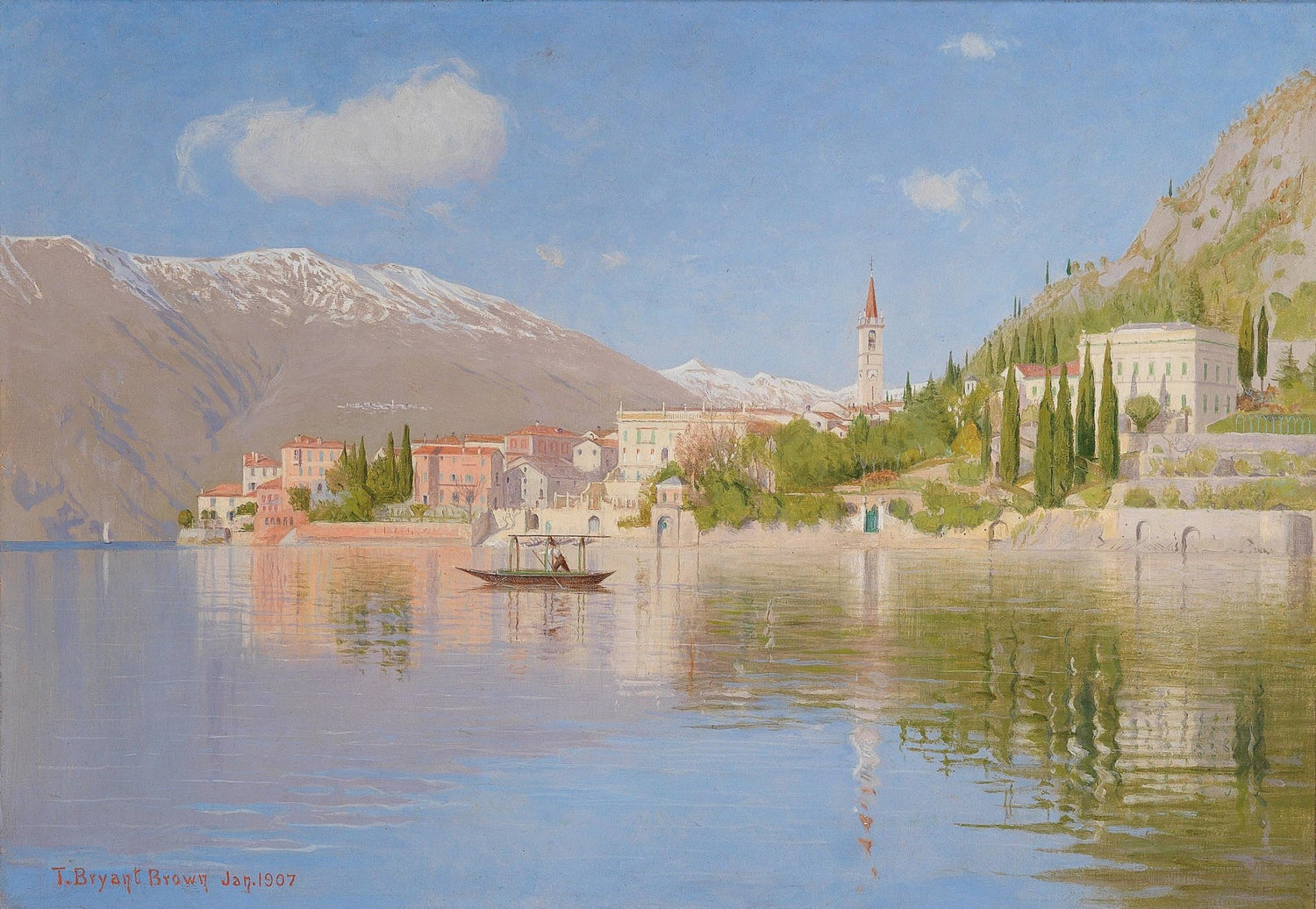 Lakeside Town with Church and Mountains – Landscape Oil Painting - Oil Painting Haven