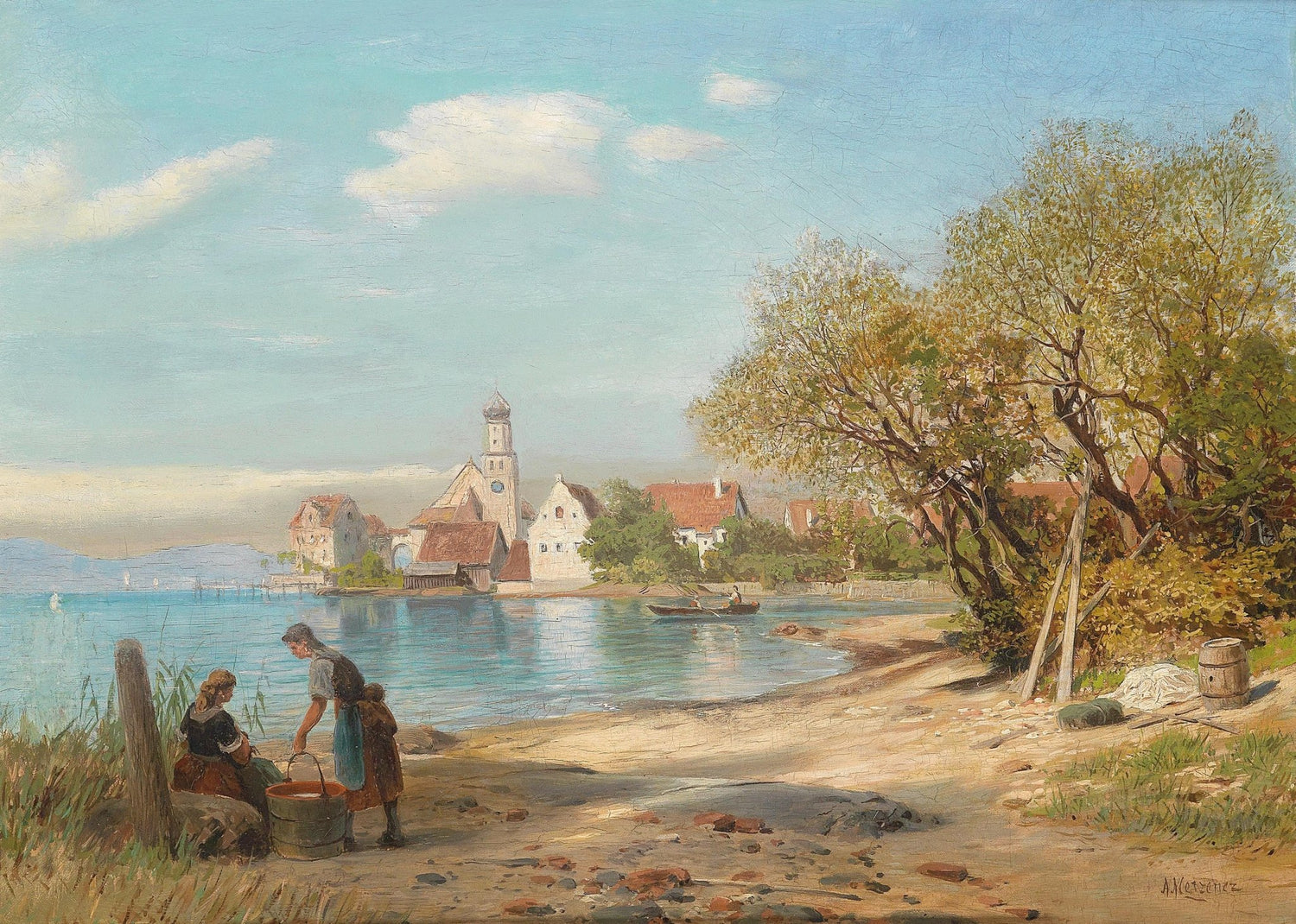 Lakeside Village Sunny Day – Hand - Painted Landscape Oil Painting - Oil Painting Haven