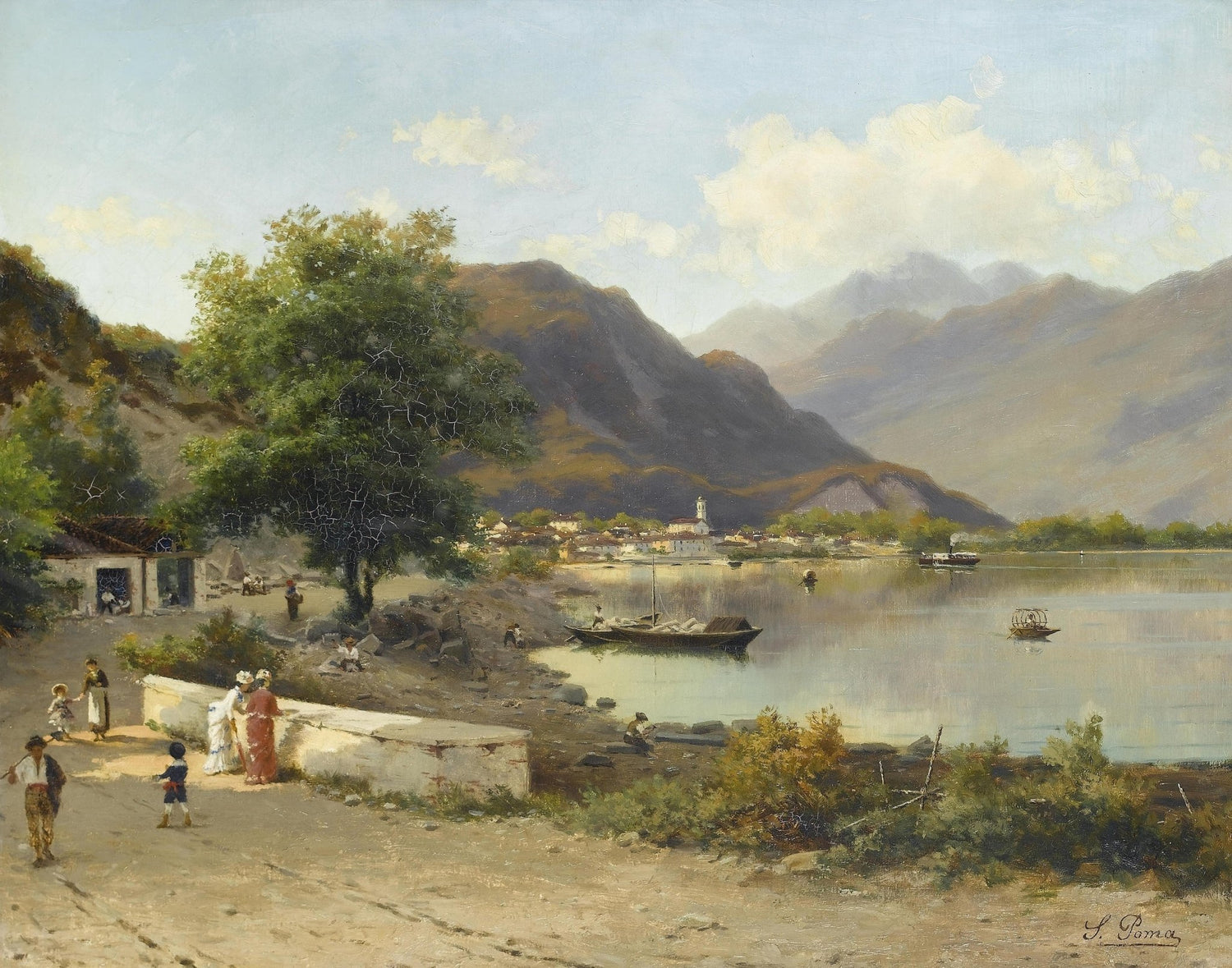 Hand painted landscape oil painting on canvas depicting lakeside village with boats, mountains, textured brushwork, and soft . - Add Frame, Boat, Canvas, Hand Painted, Lake, Landscape, Made To Order, Mountain, Oil Painting, Village
