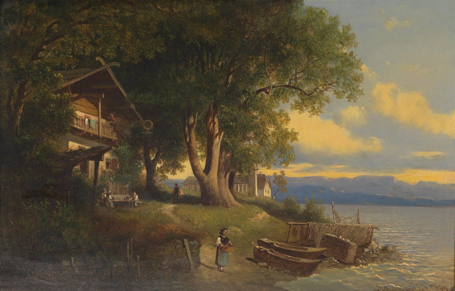 Lakeside Village with Trees, Boats, Figures – Landscape Oil Painting - Oil Painting Haven