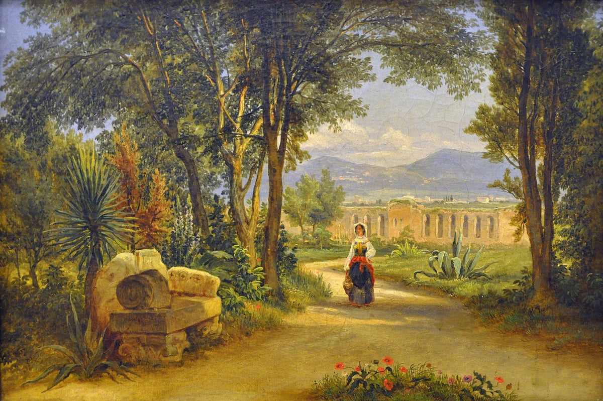 Landscape oil painting of an Italian garden path with Roman ruins, hand painted oil on canvas featuring textured brushwork,. - Architecture, Canvas, Figure, Garden, Hand Painted, Landscape, Made To Order, Mountain, Oil Painting, Road