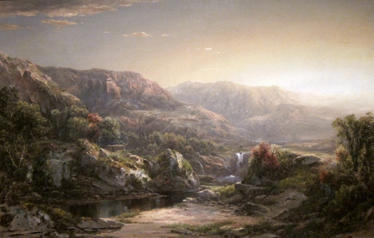 Hand painted landscape oil painting on canvas with misty mountains, cascading waterfall, and textured brushwork in soft. - Canvas, Hand Painted, Landscape, Made To Order, Mountain, Oil Painting, Waterfall